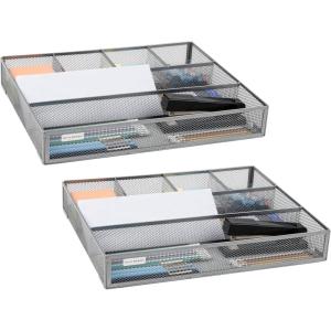 Mind Reader Drawer Organizer, Desk Org, Utensil Organizer, Office, Kitchen, Metal Mesh, Set of 2, Silver(Silver)