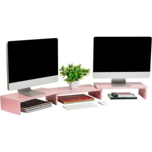 Mind Reader Dual Monitor Stand, Desktop Organizer, Laptop Riser, Office, MDF, 51.25″L x 9.25″W x 4.75″H, Pink(Pink)