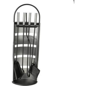 Mind Reader Fireplace Set with Stand, Brush, Shovel Scoop, Poker, Tongs, Durable Steel, 9″L x 6″W x 26.25″H, 4 Pcs, Silver(Silver)