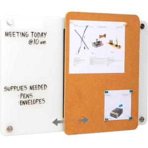 Mind Reader Glass Dry Erase Board with Sliding Corkboard, Wall Mounted Combination Whiteboard and Bulletin Board, 28″ x 19.5″