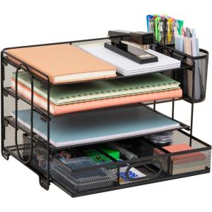 Mind Reader Mesh Desk Organizer, 3 Trays, 1 Drawer, 2 Pen Holders, Office Desktop Organizer, Metal Mesh, Black(Black)