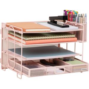 Mind Reader Mesh Desk Organizer, 3 Trays, 1 Drawer, 2 Pen Holders, Office Desktop Organizer, Metal Mesh, Black(Pink)