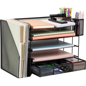 Mind Reader Mesh Desk Organizer, 4 Trays, 1 Drawer, File Holder, 2 Pen Cups, Office Desktop Organizer, Metal Mesh, Black