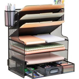 Mind Reader Mesh Desk Organizer, 6 Compartments, 1 Drawer, 2 Pen Cups, Office Desktop Organizer, Metal Mesh, Black