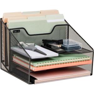 Mind Reader Metal Mesh Desktop File Organizer, 3-Tier Paper Tray with 5 Compartments, Office Mail Sorter, Black(Black)
