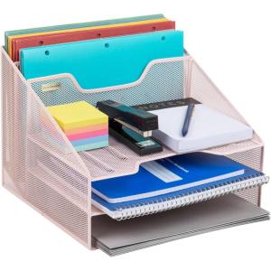 Mind Reader Metal Mesh Desktop File Organizer, 3-Tier Paper Tray with 5 Compartments, Office Mail Sorter, Black(Pink)