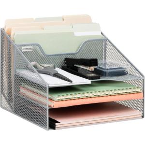 Mind Reader Metal Mesh Desktop File Organizer, 3-Tier Paper Tray with 5 Compartments, Office Mail Sorter, Black(Silver)