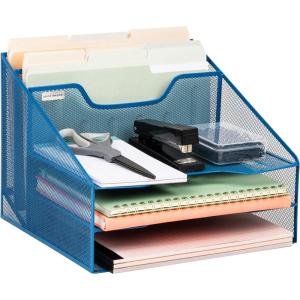 Mind Reader Metal Mesh Desktop File Organizer, 3-Tier Paper Tray with 5 Compartments, Office Mail Sorter, Black(Turquoise)