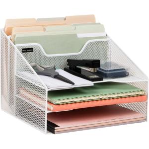 Mind Reader Metal Mesh Desktop File Organizer, 3-Tier Paper Tray with 5 Compartments, Office Mail Sorter, Black(White)