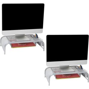 Mind Reader Monitor Stand, Ventilated Laptop Riser, Paper Tray, Office, Metal Mesh, 20″L x 11.5″W x 5.5″H, Set of 2, Black(Silver 2 Pack)