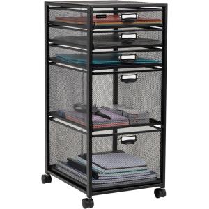 Mind Reader Office Storage Organizer with Mesh Drawers Label Holders and Optional Wheels, Metal Mesh, Black(5-Drawers)