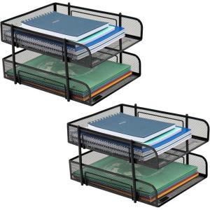 Mind Reader Paper Tray, Desk Organizer, Stackable, Storage, Office, Metal Mesh, 10.5″ L x 13.25″ W x 7.5″ H, Set of 2, Black(12-Pack)