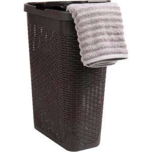 Mind Reader Slim Laundry Hamper with Lid, 40L Clothes Basket, Premium Wicker Design, Plastic, Tan(Brown)