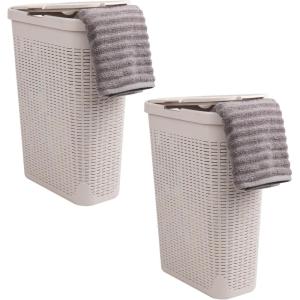 Mind Reader Slim Laundry Hamper with Lid, 40L Clothes Basket, Premium Wicker Design, Plastic, Tan(Ivory)