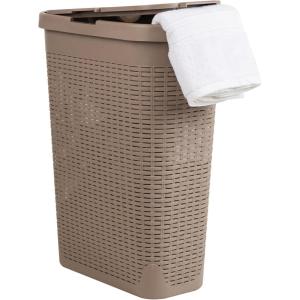 Mind Reader Slim Laundry Hamper with Lid, 40L Clothes Basket, Premium Wicker Design, Plastic, Tan(Tan)