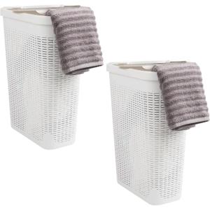 Mind Reader Slim Laundry Hamper with Lid, 40L Clothes Basket, Premium Wicker Design, Plastic, Tan(White)