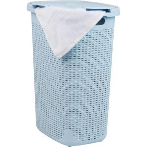 Mind Reader Slim Laundry Hamper with Lid, 60L Clothes Basket, Premium Wicker Design, Plastic, Tan(Baby Blue)