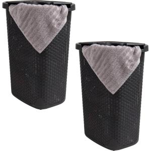 Mind Reader Slim Laundry Hamper with Lid, 60L Clothes Basket, Premium Wicker Design, Plastic, Tan(Black)