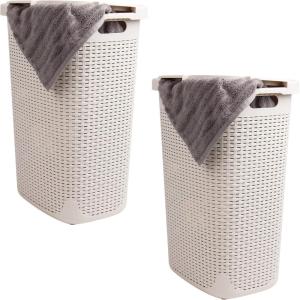 Mind Reader Slim Laundry Hamper with Lid, 60L Clothes Basket, Premium Wicker Design, Plastic, Tan(Ivory)