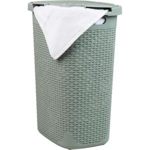 Mind Reader Slim Laundry Hamper with Lid, 60L Clothes Basket, Premium Wicker Design, Plastic, Tan(Mint)