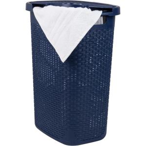 Mind Reader Slim Laundry Hamper with Lid, 60L Clothes Basket, Premium Wicker Design, Plastic, Tan(Navy)