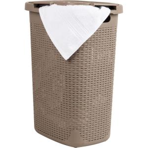 Mind Reader Slim Laundry Hamper with Lid, 60L Clothes Basket, Premium Wicker Design, Plastic, Tan(Tan)