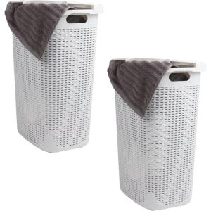 Mind Reader Slim Laundry Hamper with Lid, 60L Clothes Basket, Premium Wicker Design, Plastic, Tan(White)