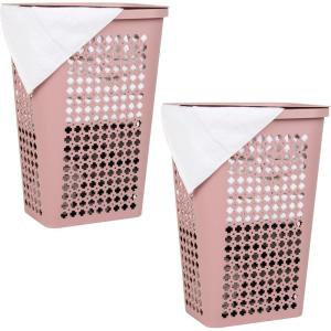 Mind Reader Slim Tapered Laundry Hampers with Lid, Clothes Basket with Swiss Cross Cut-Outs, Lightweight & Ventilated, Plastic, Set of 2, Pink
