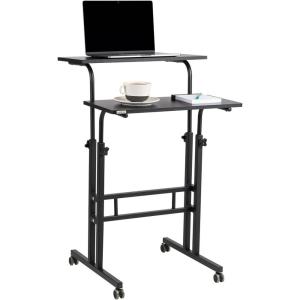Mind Reader Standing Desk, Adjustable Height Laptop Workstation, Portable Rolling Desk on Wheels, Two-Tier Metal Frame, Black(Black)
