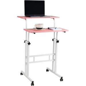 Mind Reader Standing Desk, Adjustable Height Laptop Workstation, Portable Rolling Desk on Wheels, Two-Tier Metal Frame, Black(Pink)