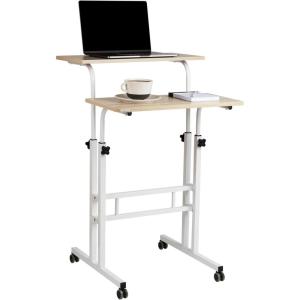 Mind Reader Standing Desk, Adjustable Height Laptop Workstation, Portable Rolling Desk on Wheels, Two-Tier Metal Frame, Black(White)