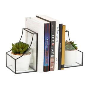 Mind Reader Terrarium Bookends, Decorative Book Holders with Storage, Modern Organizer for Desk or Shelf, Glass, Metal, Set of 2, Black(Black)