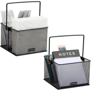 Mind Reader Utensil Holder, Silverware and Napkin Caddy, Outdoor Utensil Organizer, Metal Mesh, 7″L x 7″W x 5″H, Set of 2, Black