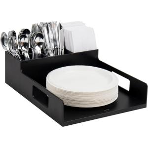 Mind Reader Utensil Napkin and Plate Organizer Tray, Countertop Caddy with 7 Compartments, Holds Plates up to 10.5 Inches, Breakroom and Buffet Organizer, Plastic, Black(Napkin & Plate Holder)
