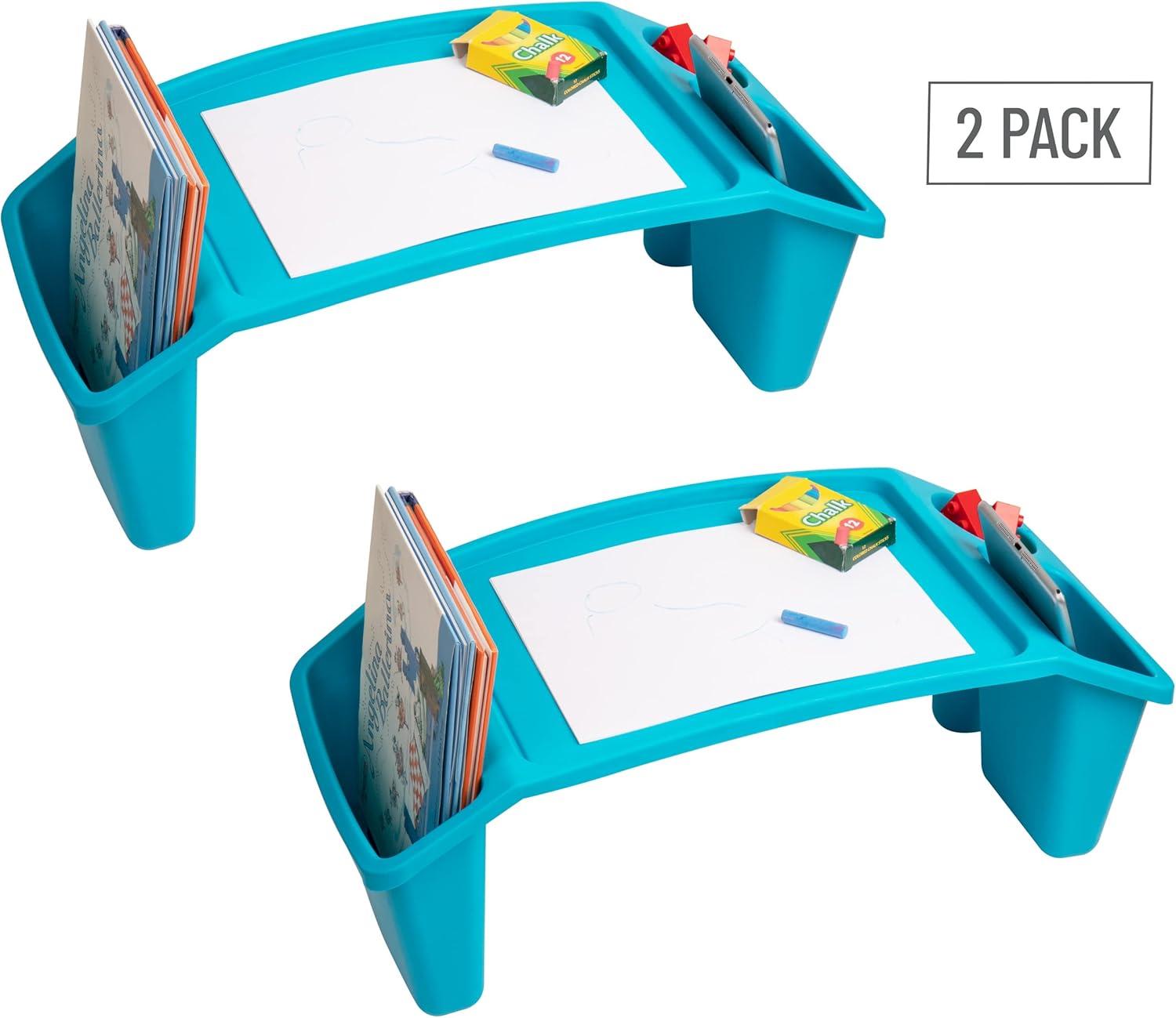 imageMind Reader Kids Lap Desk Portable Activity Tray with Side Storage Stackable Plastic Desk for Drawing Snacks Study Set of 2 RedBlue