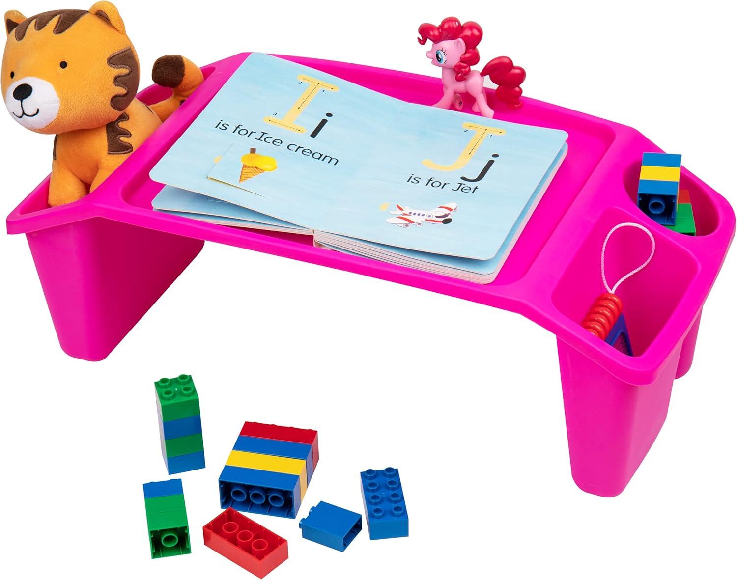 imageMind Reader Kids Lap Desk Portable Activity Tray with Side Storage Stackable Plastic Desk for Drawing Snacks Study Set of 2 RedPink