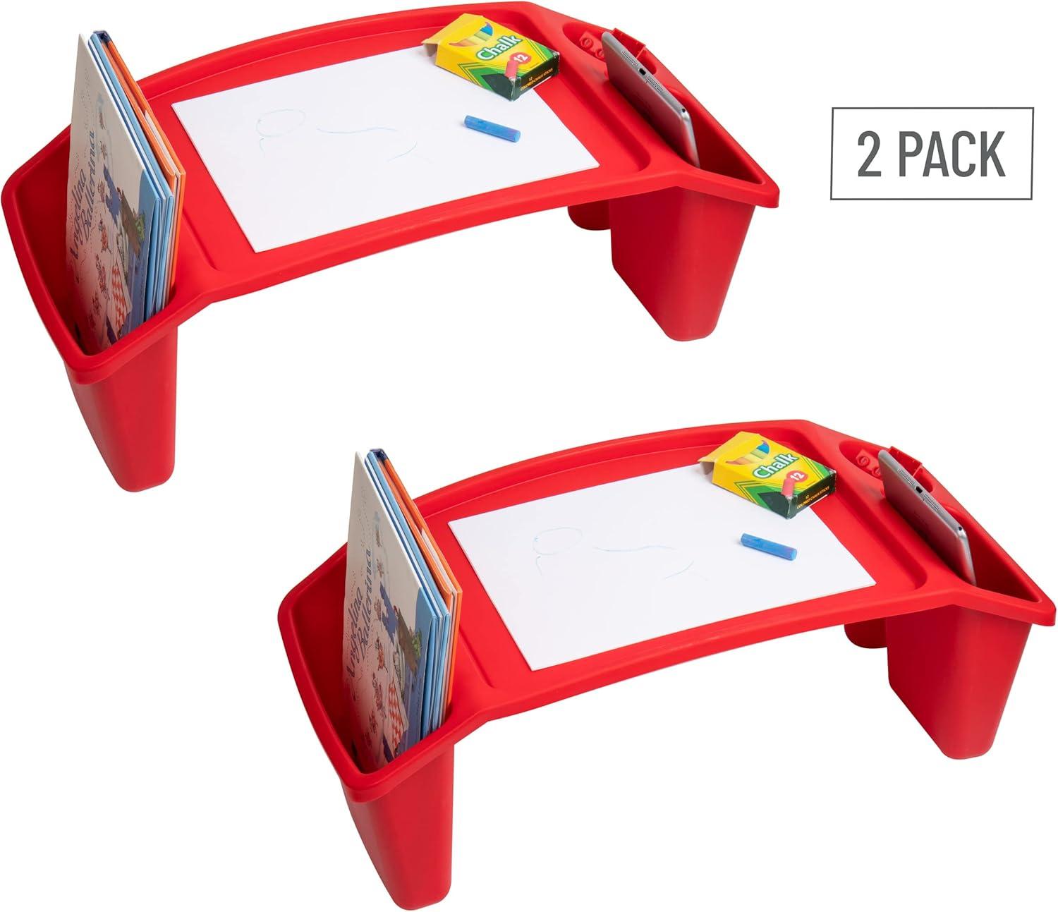 imageMind Reader Kids Lap Desk Portable Activity Tray with Side Storage Stackable Plastic Desk for Drawing Snacks Study Set of 2 RedRed