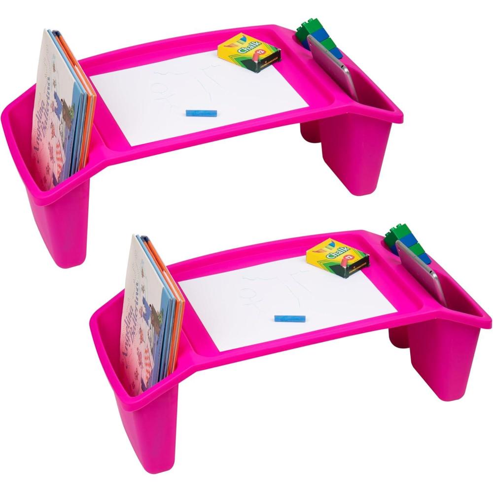 imageMind Reader Kids Lap Desk Portable Activity Tray with Side Storage Stackable Plastic Desk for Drawing Snacks Study Set of 2 RedPink