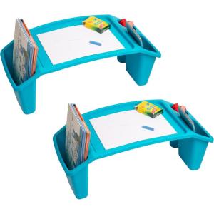 Mind Reader Kids Lap Desk, Portable Activity Tray with Side Storage, Stackable Plastic Desk for Drawing, Snacks, Study, Set of 2, Red(Blue)