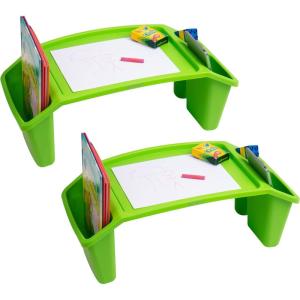 Mind Reader Kids Lap Desk, Portable Activity Tray with Side Storage, Stackable Plastic Desk for Drawing, Snacks, Study, Set of 2, Red(Green)