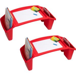 Mind Reader Kids Lap Desk, Portable Activity Tray with Side Storage, Stackable Plastic Desk for Drawing, Snacks, Study, Set of 2, Red(Red)