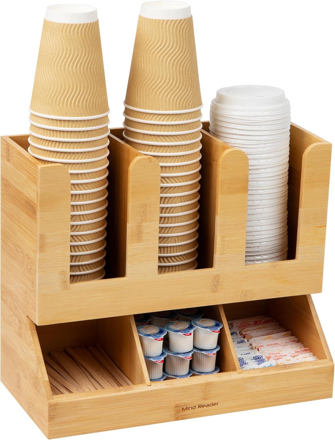 imageMind Reader Cup and Condiment Station Countertop Organizer Coffee Bar Kitchen Bamboo 13625L x 675W x 115H Brown