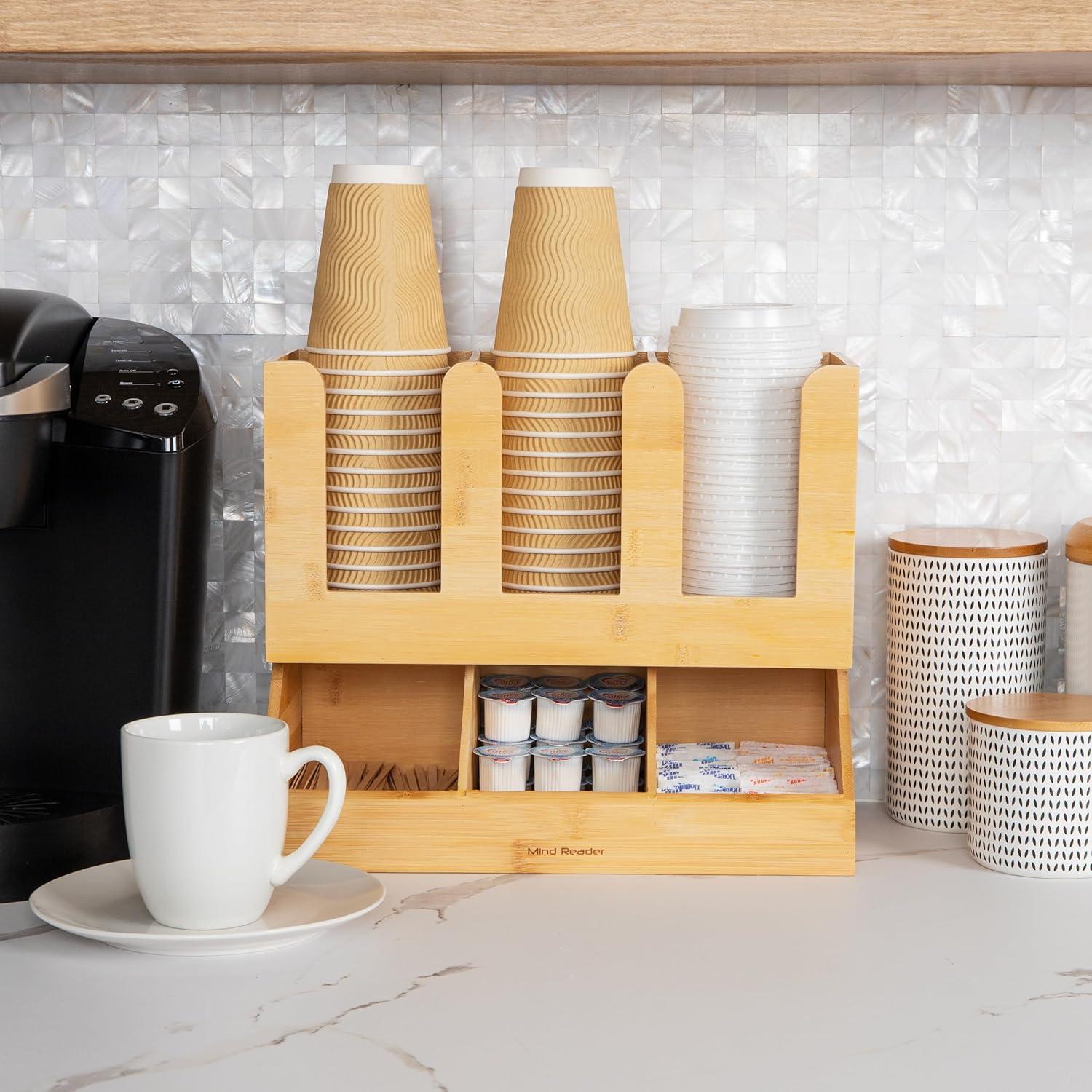 imageMind Reader Cup and Condiment Station Countertop Organizer Coffee Bar Kitchen Bamboo 13625L x 675W x 115H Brown