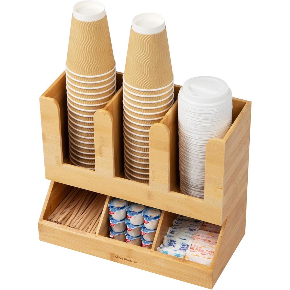 imageMind Reader Cup and Condiment Station Countertop Organizer Coffee Bar Kitchen Bamboo 13625L x 675W x 115H Brown