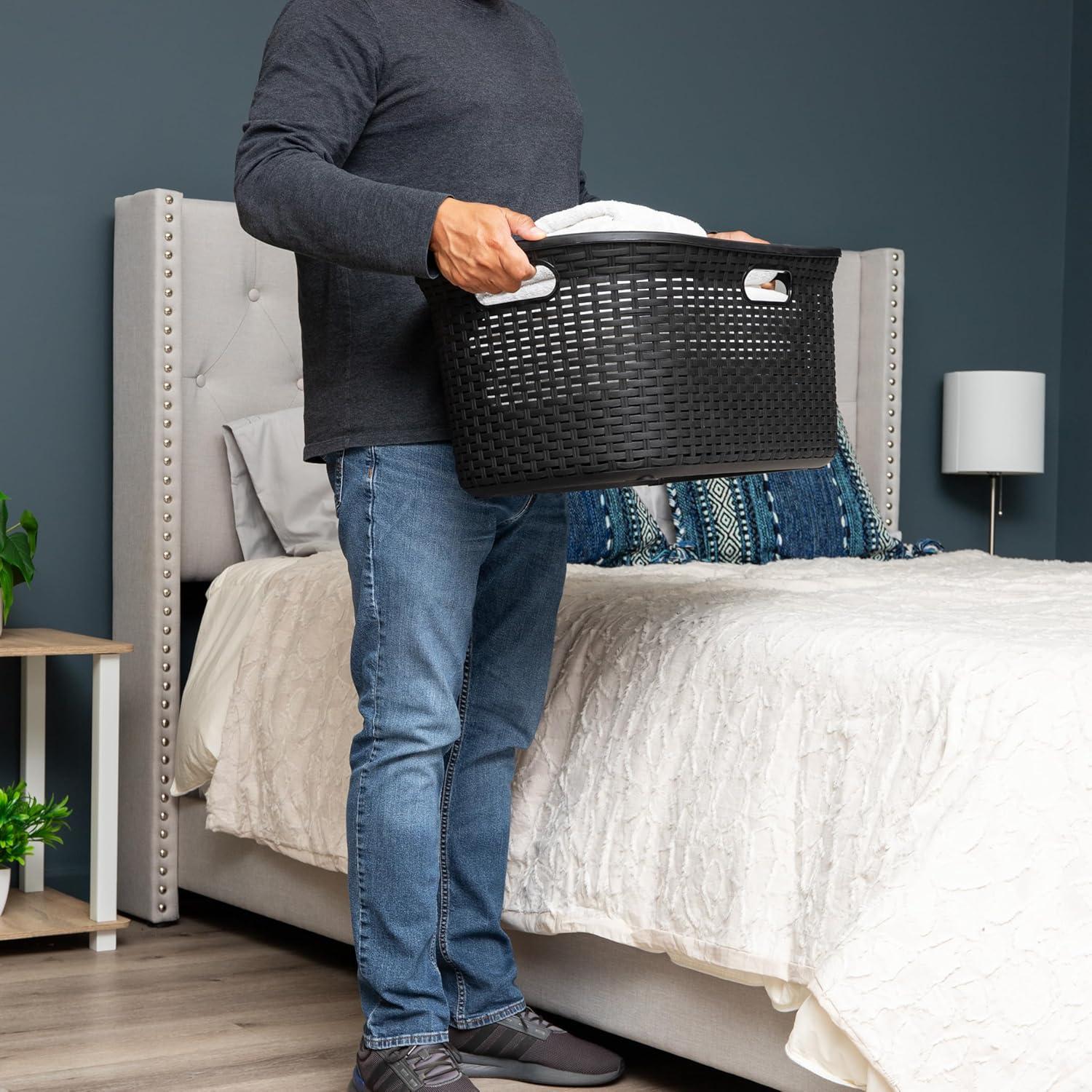 imageMind Reader 40L Laundry Basket Clothes Hamper Premium Wicker Design Plastic Set of 2 BlackBlack