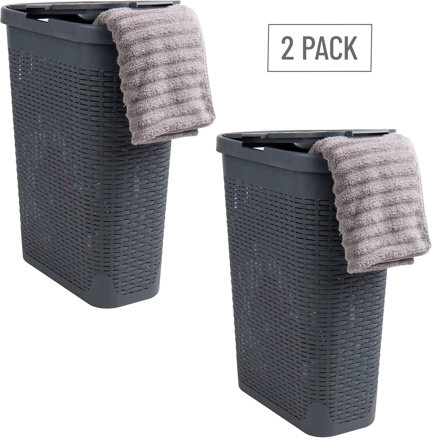 imageMind Reader 40L Slim Laundry Hamper Clothes Basket Lid Wicker Design Plastic 18L x 104W x 235H Set of 2 Gray