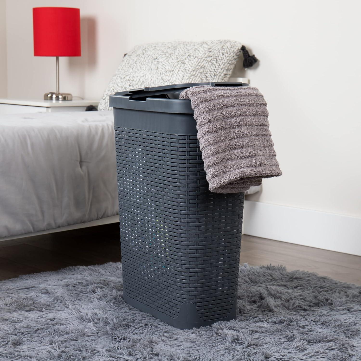 imageMind Reader 40L Slim Laundry Hamper Clothes Basket Lid Wicker Design Plastic 18L x 104W x 235H Set of 2 Gray
