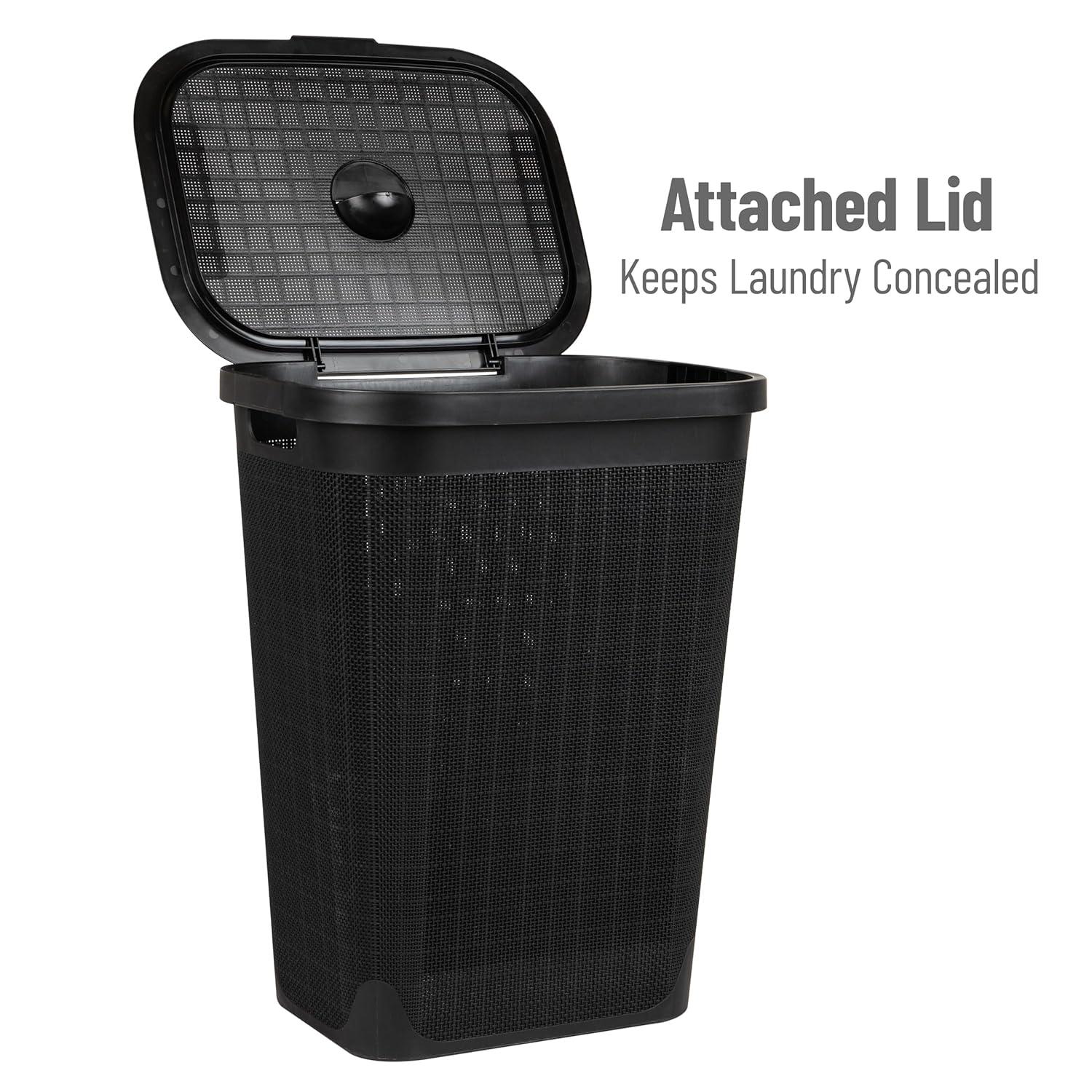 imageMind Reader 60L Slim Laundry Hamper Clothes Basket Lid Linen Design Plastic IvoryBlack