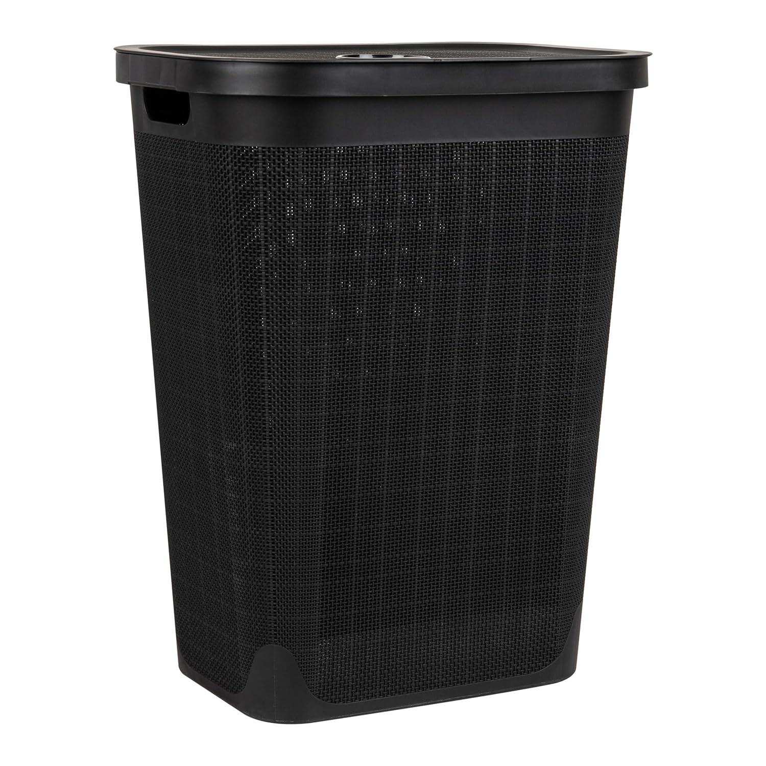 imageMind Reader 60L Slim Laundry Hamper Clothes Basket Lid Linen Design Plastic IvoryBlack