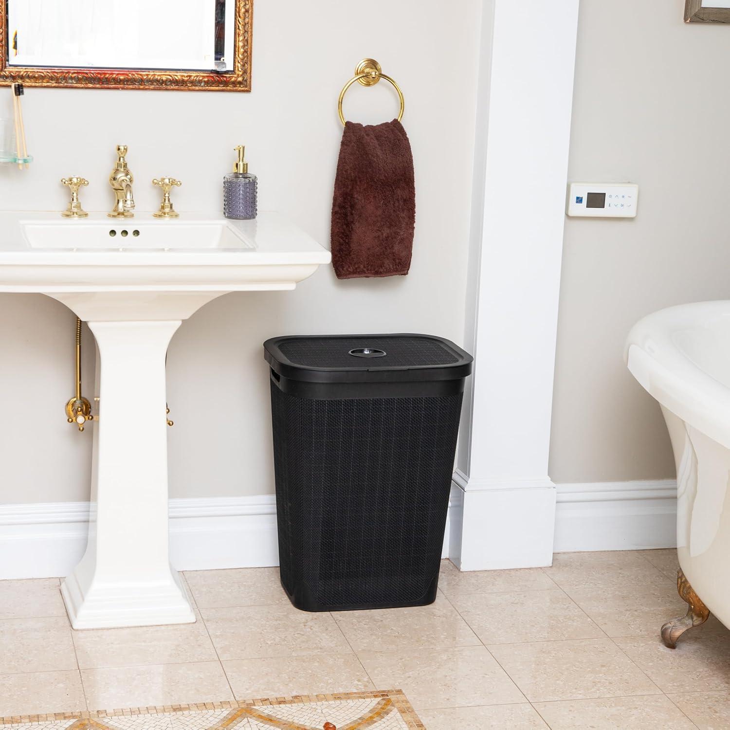 imageMind Reader 60L Slim Laundry Hamper Clothes Basket Lid Linen Design Plastic IvoryBlack